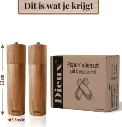 Dieux® - Peper En Zoutmolen Set - Cilinder Vorm - 22CM - Zout Peper Kruiden - 2 Stuks - Acacia Hout - Instelbare Maalgraad - Duurzaam - Luxe Kwaliteit - Hervulbaar - Pepermolen - Zoutmolen - BBQ Accesoires - Pasen -Keukengerei Winkel 1152x1200