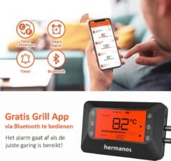 Hermanos® Digitale BBQ Thermometer Draadloos - Keukenthermometer - Bluetooth Met App - 4 Sondes - Magneet - Incl. Batterijen -Keukengerei Winkel 1200x1132