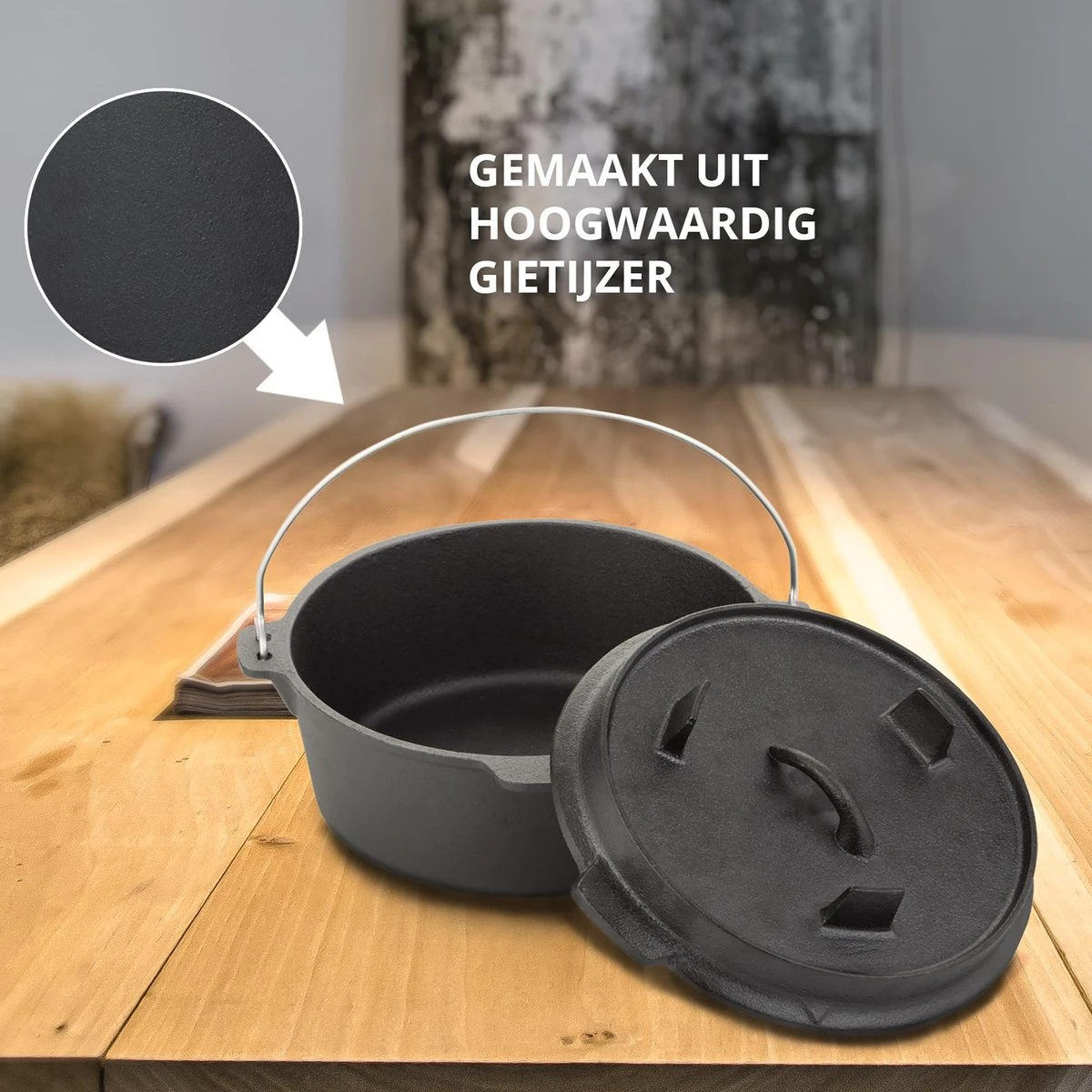 Dutch Mountains Gietijzeren Pannenset 7-delig - Dutch Oven – Braadpan - Grillpan - Hapjespan - Kookset In Houten Transportkist - Deksellifter - Brander 5 Dutch Mountains Gietijzeren Pannenset 7-delig - Dutch Oven – Braadpan - Grillpan - Hapjespan - Kookset In Houten Transportkist - Deksellifter - Brander - Afbeelding 3