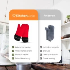 KitchenLove Ovenwanten - 2 Stuks Ovenhandschoenen - Hittebestendig Tot 250 °C - Siliconen - Rood -Keukengerei Winkel 1200x1200 820