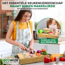 Ecowize 3-in-1 Bamboe Snijplank Met Opvangbak - Snijplank Hout Incl. 3 Roestvrijstalen Opvangbakjes Met Bamboe Deksel, 4 Inzetbare Raspen - Groentesnijder, Hakblok, Borrelplank, Tapasplank, Broodplank - 40x30cm - Duurzaam Cadeau -Keukengerei Winkel 1200x1200 863