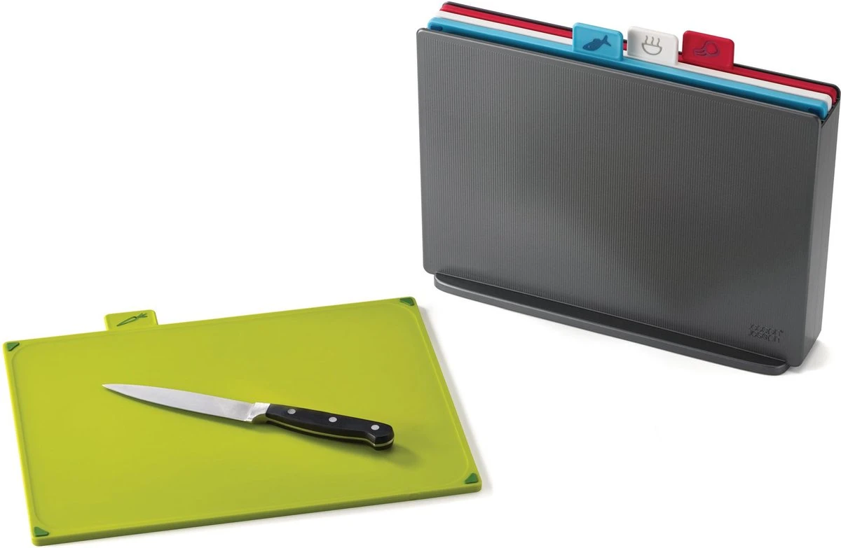 Joseph Joseph Index Large Snijplankenset - Incl. Houder - 34 X 24 Cm - 4 Stuks - Graphite 4 Joseph Joseph Index Large Snijplankenset - Incl. Houder - 34 X 24 Cm - 4 Stuks - Graphite - Afbeelding 2