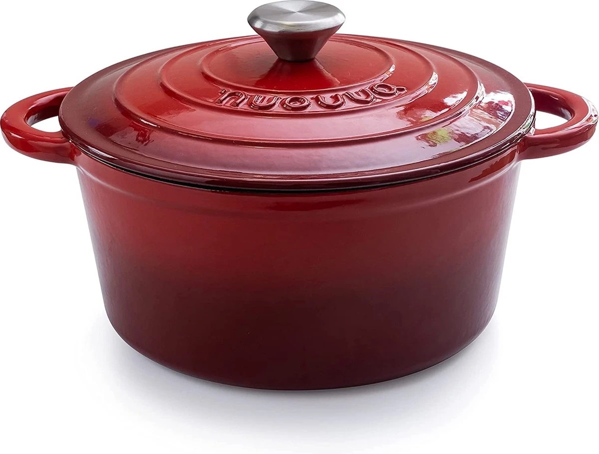 Nuovva Gietijzeren Braadpan Antiaanbaklaag Met Deksel - Sudderpan Rood - Rond - Ø24 Cm - 4.7 Liter - 100% PFAS & PFOA Vrij - Geschikt Voor Alle Warmtebronnen - Elektrisch - Gas - Halogeen - Inductie - Keramisch