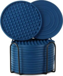 Castagnola Siliconen Onderzetters Met Houder – Onderzetters Voor Glazen – Onderzetters Design – Onderzettersset – Drink Onderzetters – Hoogwaardige Siliconen – Set Van 14 – Blauw